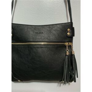 Telena Black Leather Crossbody Bag with Tassel Accents